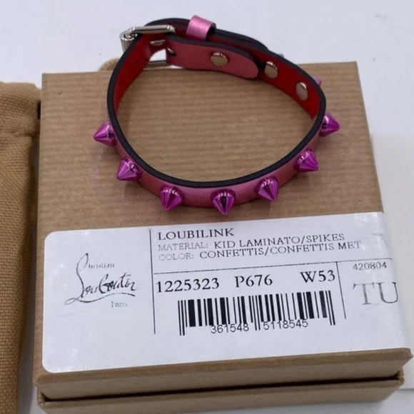 Christian Louboutin Loubilink Hot Pink Glitter Spiked Calf Leather Bracelet 8" - Picture 1 of 11